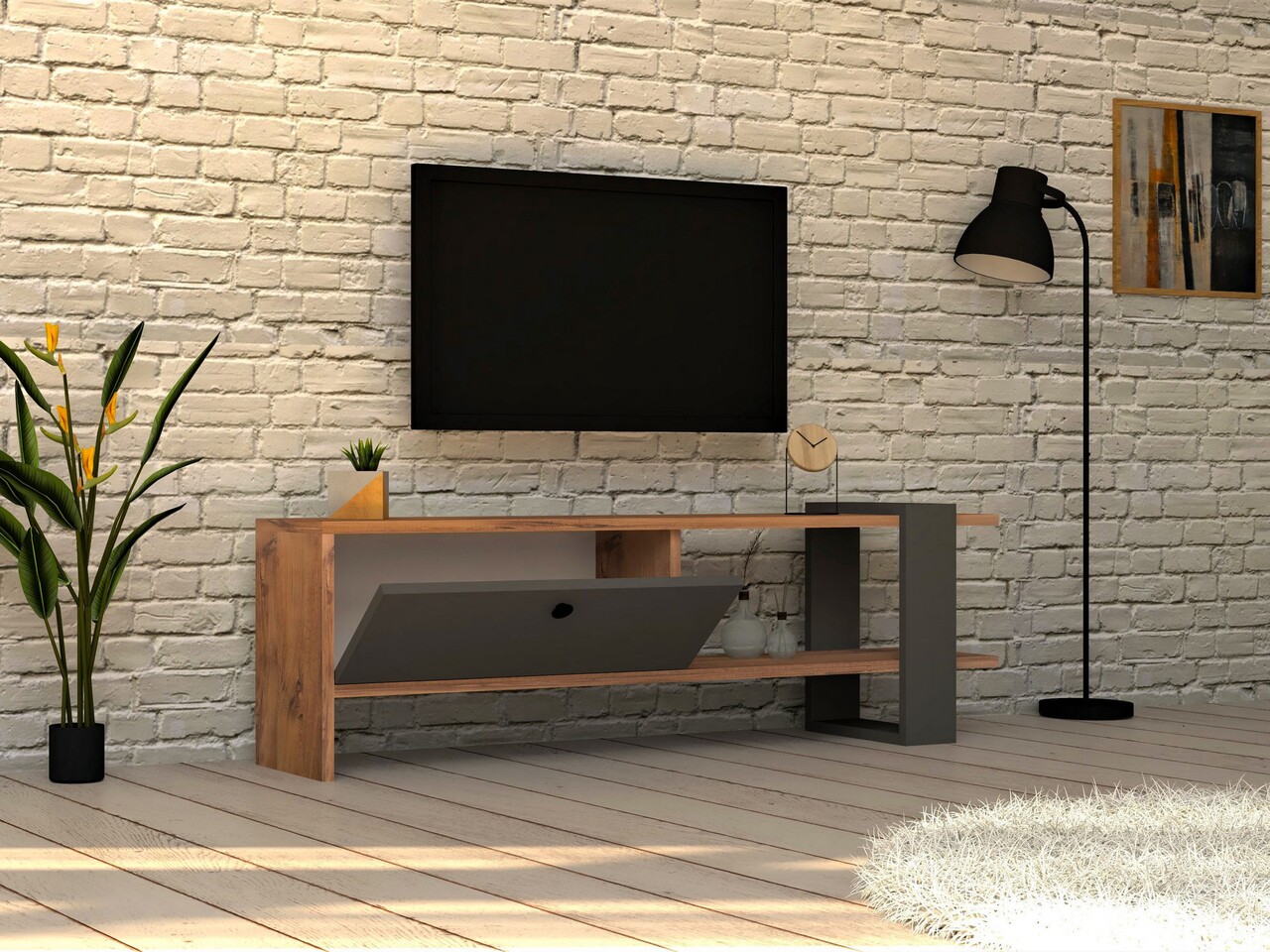 Comoda TV Ova, Puqa Design, 120x25x36.8 cm, antracit/natural - imagine 5